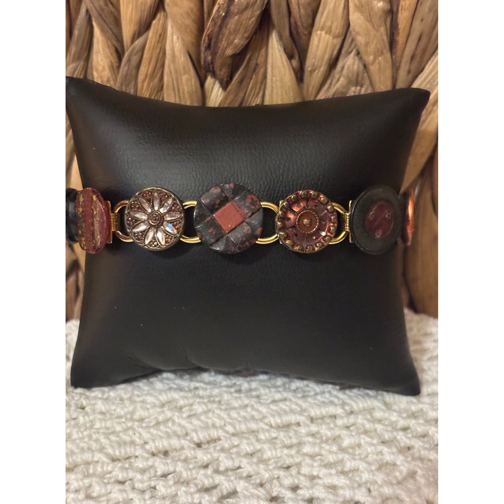 Vintage Button Bracelet Upcycled Gold Tone Link Red Black Glass  OOAK Boho